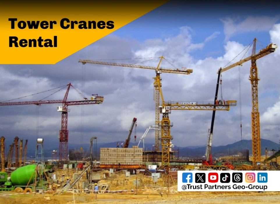 Trust Partners Geo-Group fleet of tower cranes available for hire in Kenya, showcasing various models suited for diverse construction projects. Each crane is equipped with advanced technology to ensure safety and efficiency on-site