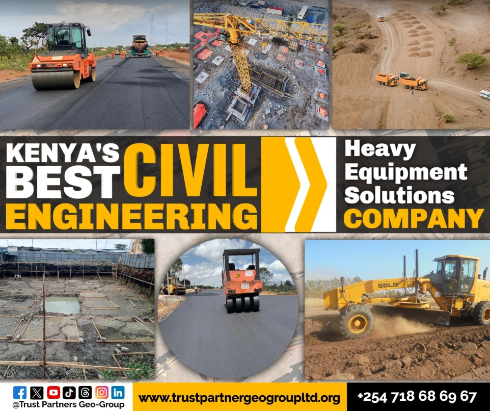 Trust Partners Geo-Group excavation services, civil engineering & heavy equipment hire / sale solutions Trust Partners Geo-Group is a leading excavation, civil engineering, and heavy equipment hire/sale company dedicated to delivering exceptional services across Kenya. With a commitment to quality and safety, we specialize in excavation projects, civil infrastructure, and providing a diverse range of new and pre-owned heavy machinery. Our team of experienced professionals is passionate about supporting our clients' needs, ensuring efficiency and reliability in every project we undertake. We strive to build lasting partnerships through integrity, innovation, and a focus on sustainable practices.