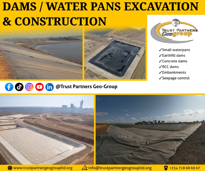 Dams and Water Pans Excavation in Kenya | Trust Partners Geo-Group Water pans, Earth dams, Concrete dams, RCC dams, Embankments & Seepage control Excavation / Construction in Nairobi, Mombasa, Kisumu, Nakuru, Eldoret, Thika, and across towns such as Machakos, Nyeri, Meru, Nyahururu, and Kitale, Kenya