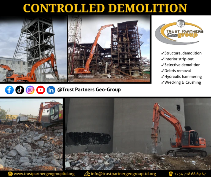 Controlled Demolition Services In Kenya | Trust Partners Geo-Group Controlled demolition services Structural demolition | Interior strip-out | Selective demolition | Debris removal | Wrecking/crushing in Nairobi: Parklands, Kilimani, Upper Hill, Kileleshwa, Lavington, South C , Mombasa, Kisumu, Nakuru, Eldoret, Thika, and across towns such as Machakos, Nyeri, Meru, Nyahururu, and Kitale.