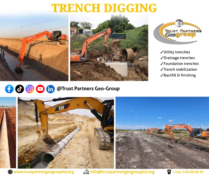 Trench Excavation Services In Kenya | Trust Partners Geo-Group Trench Excavation Services In Nairobi Kenya Utility trenches | Drainage trenches | Foundation trenches | Trench stabilization | Backfill & finishing