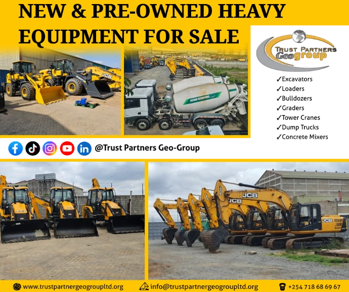 Heavy Equipment for Sale in Kenya | Trust Partners Geo-Group Construction Heavy Equipment for Sale in Kenya Nationwide coverage with cities like: Nairobi, Mombasa, Kisumu, Nakuru, Eldoret, Thika, Machakos, Nyeri, Meru, Nyahururu, Kitale, Kakamega, Naivasha, Garissa, Embu. - Excavators | Bulldozers | Loaders | Graders | Cranes | Dump Trucks | Concrete Mixers