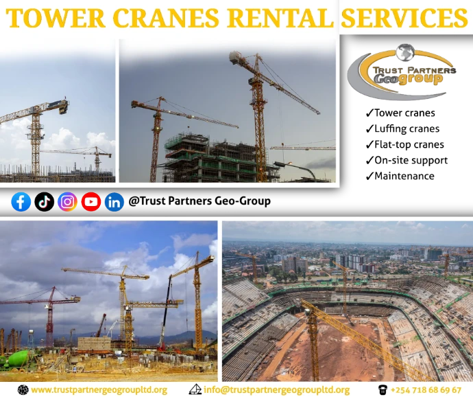 Tower Cranes For Hire in Kenya | Trust Partners Geo-Group Tower Cranes For Hire in Kenya Cities & Areas: Nairobi, Mombasa, Kisumu, Nakuru, Thika, Eldoret, Garissa, Machakos, Nyeri, Meru, Embu, Nyandarua, Kitale, Kakamega, Kakamega (duplicate removed), Naivasha, Nanyuki, Ruiru, Athi River, Syokimau, Kiambu, Industrial Area, Parklands, Lavington, Westlands, Upper Hill. Tower cranes | Luffing cranes | Flat-top cranes | On-site support | Maintenance