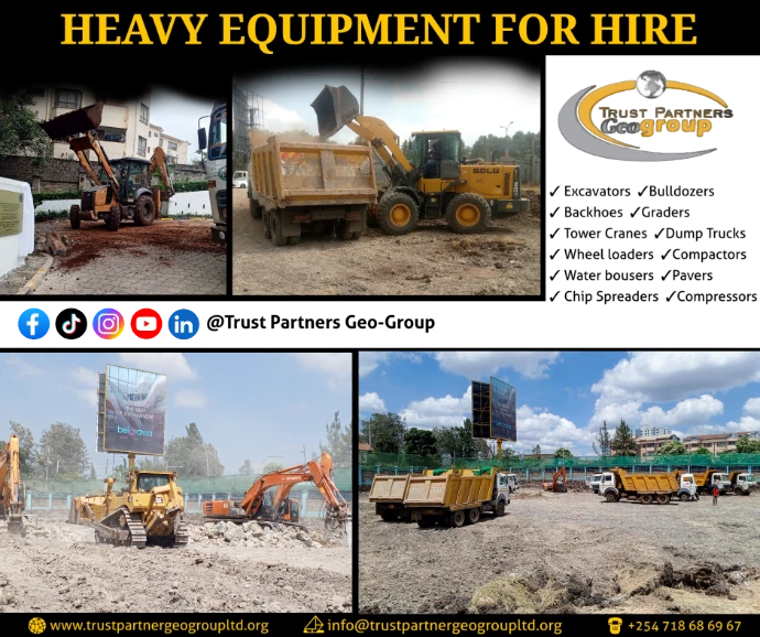 A fleet of heavy excavation equipment, including 20t–40t excavators and dump trucks, operating on a construction site in Nairobi with dust and clear work zones.
