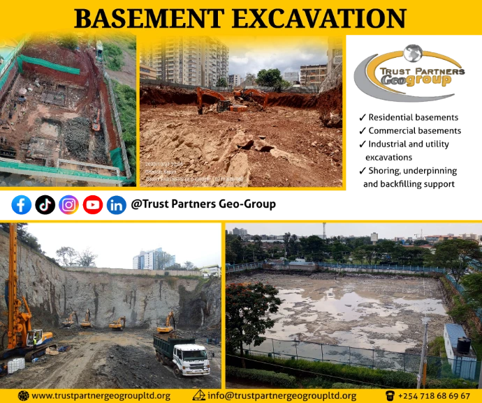 A fleet of heavy excavation equipment, including 20t–40t excavators and dump trucks, operating on a construction site in Nairobi with dust and clear work zones.