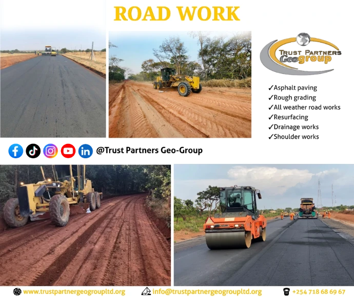Heavy earthworks equipment in operation on a construction site in [Nairobi/Machakos/Kiambu/Nakuru], including excavators and dump trucks, performing trenching and grading with on-site safety measures