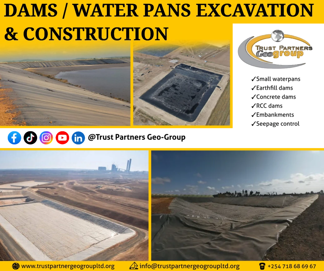 Heavy earthworks equipment in operation on a construction site in [Nairobi/Machakos/Kiambu/Nakuru], including excavators and dump trucks, performing trenching and grading with on-site safety measures