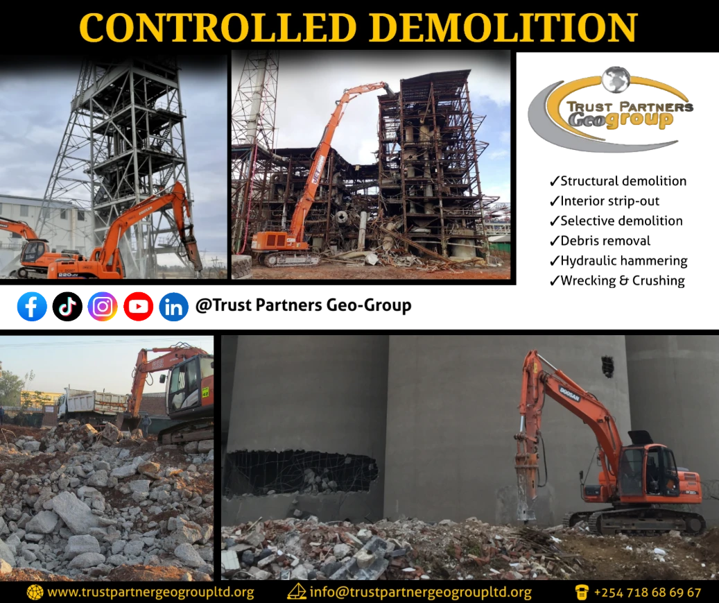Heavy earthworks equipment in operation on a construction site in [Nairobi/Machakos/Kiambu/Nakuru], including excavators and dump trucks, performing trenching and grading with on-site safety measures