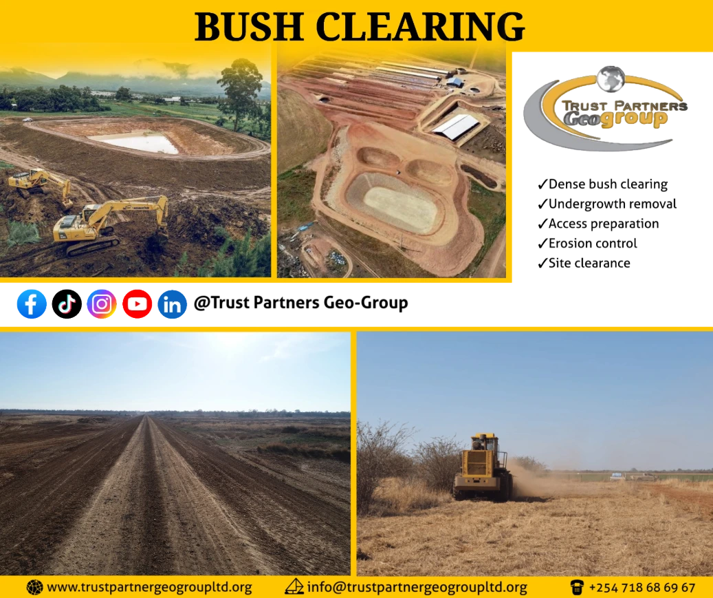 Heavy earthworks equipment in operation on a construction site in [Nairobi/Machakos/Kiambu/Nakuru], including excavators and dump trucks, performing trenching and grading with on-site safety measuresHeavy earthworks equipment in operation on a construction site in [Nairobi/Machakos/Kiambu/Nakuru], including excavators and dump trucks, performing trenching and grading with on-site safety measures