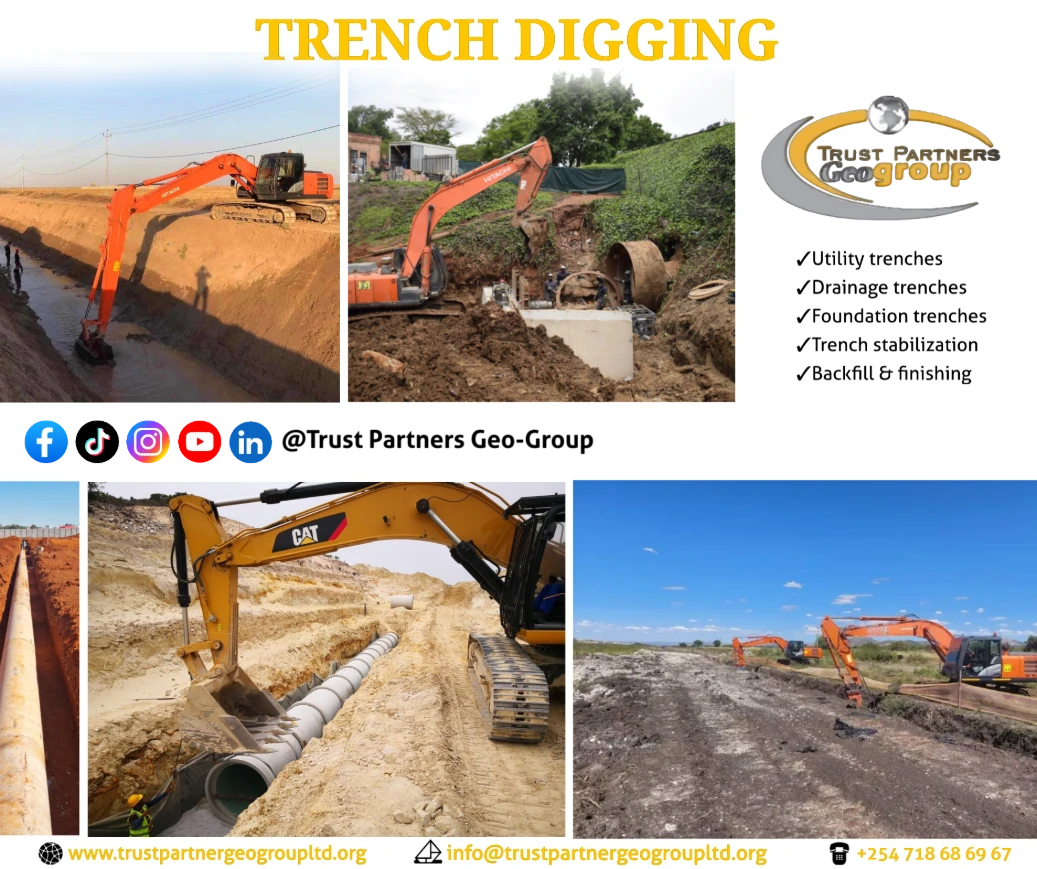 Heavy earthworks equipment in operation on a construction site in [Nairobi/Machakos/Kiambu/Nakuru], including excavators and dump trucks, performing trenching and grading with on-site safety measures