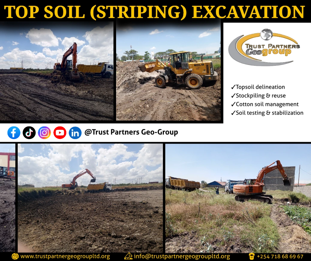 Heavy earthworks equipment in operation on a construction site in [Nairobi/Machakos/Kiambu/Nakuru], including excavators and dump trucks, performing trenching and grading with on-site safety measures