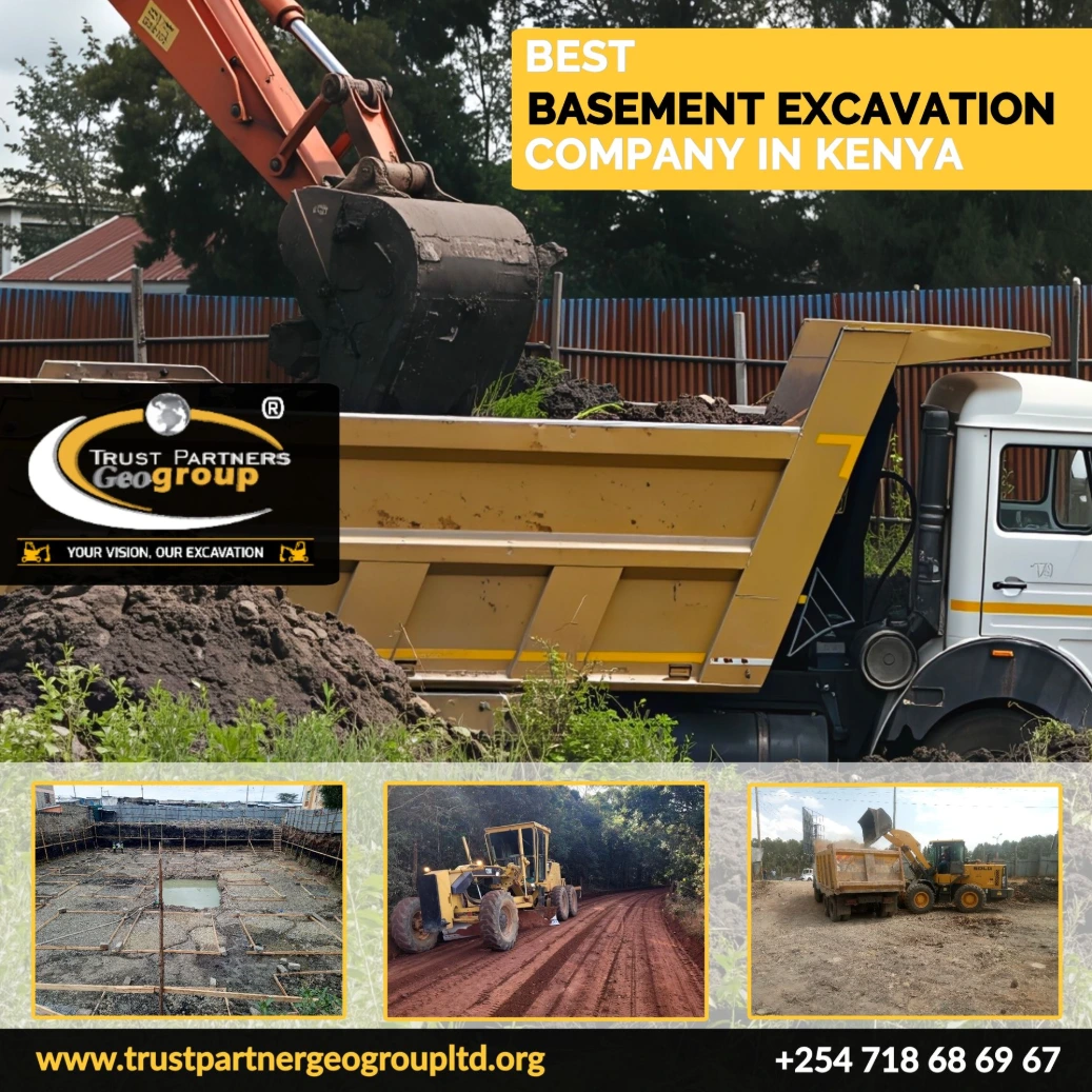 Heavy earthworks equipment in operation on a construction site in [Nairobi/Machakos/Kiambu/Nakuru], including excavators and dump trucks, performing trenching and grading with on-site safety measures