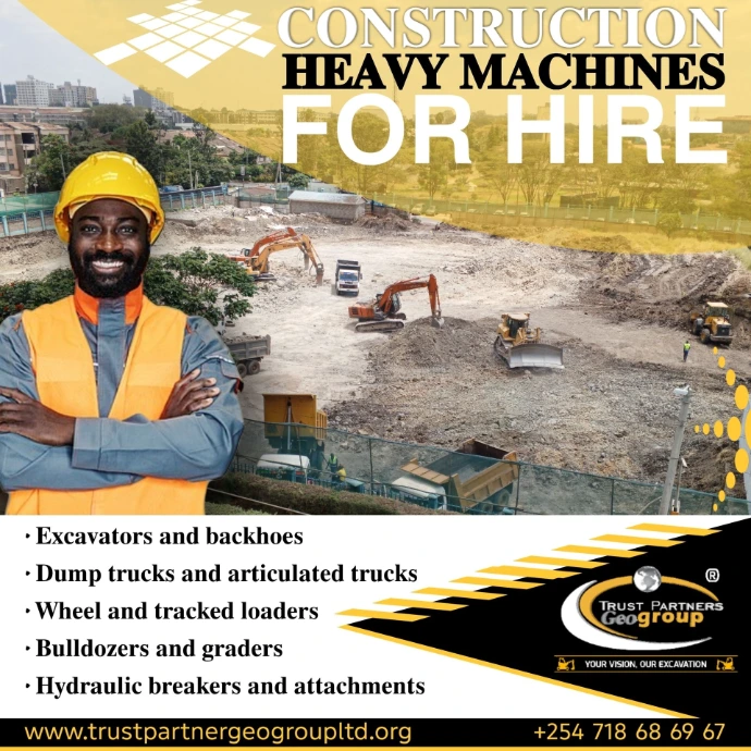 Discover the flexible heavy equipment rental solutions from Trust Partners Geo Group Ltd. Nationwide availability across Nairobi, Mombasa, Kisumu, Nakuru, and more. Equipment for all construction needs.