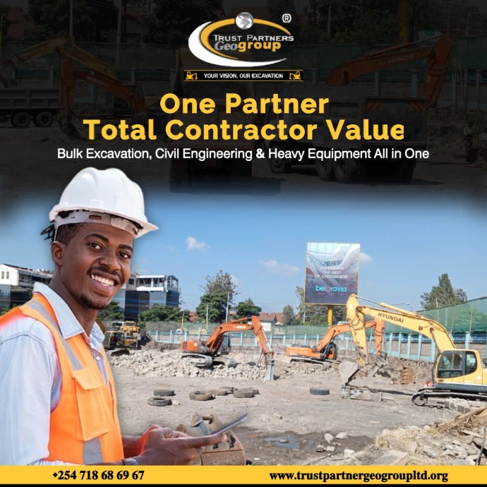 End-to-end construction solutions for contractors across Nairobi and Kenya, including bulk earthworks, basement excavations, road works, dams, and demolition.Nairobi: Parklands, Kilimani, Upper Hill, Kileleshwa, Lavington, South C - Suburbs: Karen, Syokimau, Thome, Thika Road, Kiambu Road - Nationwide: Mombasa, Kisumu, Nakuru, Eldoret, Meru, Nyeri, Kakamega, Embu, Nyahururu, Kitale, Malindi, Naivasha, Garissa, Kisii