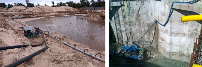 Dewatering pump removing groundwater from an active trench