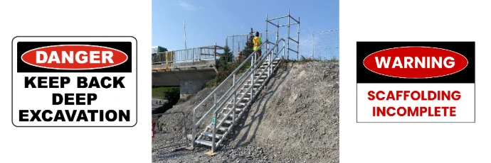 Construction site with defined access points and safety signage