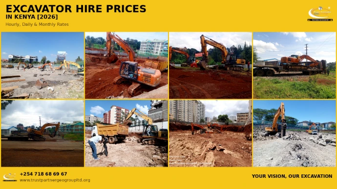 Full construction site view showing multiple Hitachi and Hyundai excavators alongside Tata tipper trucks at a Belgravia development project in Kenya, managed by Trust Partners Geo-Group Ltd.