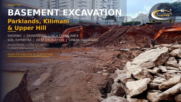 High-resolution 4K promotional poster (3840×2160) for Trust Partners Geo-Group showcasing a deep basement excavation project in Nairobi's premium neighborhoods. Dramatic wide-angle photo of Hitachi excavators working in a deep rock cut, with high-rise buildings visible in the background. Left 70% features a smooth dark gradient overlay with the blog title "Basement Excavation: Parklands, Kilimani &amp; Upper Hill," service offerings, and contact information in crisp white and gold typography. Company logo displayed at top right. Professional construction and civil engineering branding.