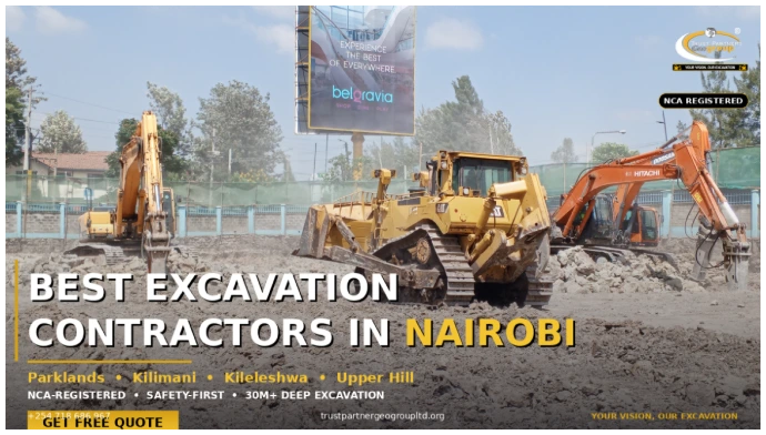  Orange Hitachi excavator performing deep basement excavation in red soil at a Nairobi construction site, with buildings and trees visible in the background. 