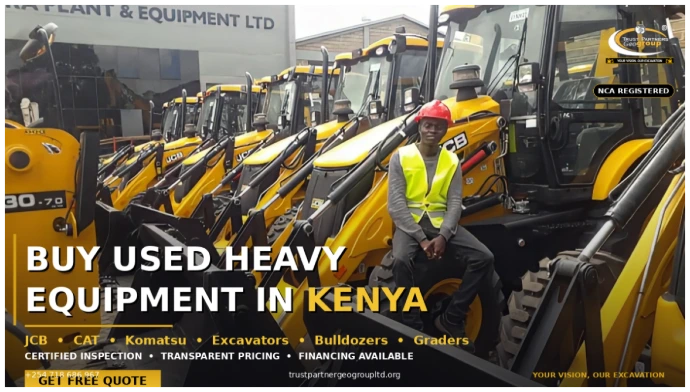  Social media promotional poster for Trust Partners Geo-Group featuring a fleet of yellow JCB backhoe loaders lined up at a heavy equipment yard, with a technician in a red hard hat and yellow safety vest seated on one machine. Full-bleed background image with bottom gradient overlay for text readability. Text reads "BUY USED HEAVY EQUIPMENT IN KENYA" with "KENYA" highlighted in gold. Brands listed: JCB, CAT, Komatsu, Excavators, Bulldozers, Graders. Gold "GET FREE QUOTE" call-to-action button. Contact bar with +254 718 686 967, trustpartnergeogroupltd.org, and tagline "YOUR VISION, OUR EXCAVATION". Trust Partners Geo-Group logo and NCA Registered badge top-right. 
