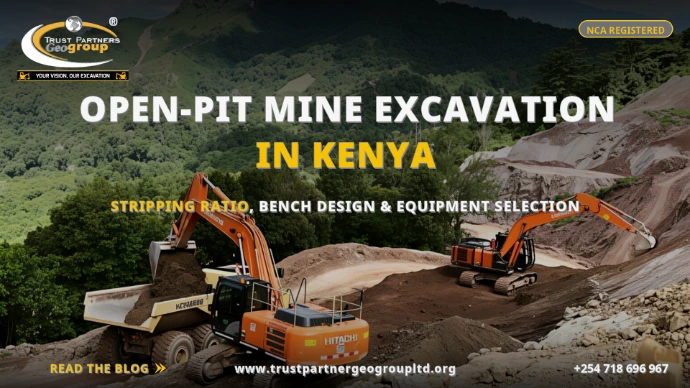 TRUST PARTNERS GEO-GROUP blog poster on open-pit mine excavation in Kenya — Hitachi excavators loading a dump truck on terraced benches of an open-pit site, covering stripping ratio, bench design and equipment selection at trustpartnergeogroupltd.org