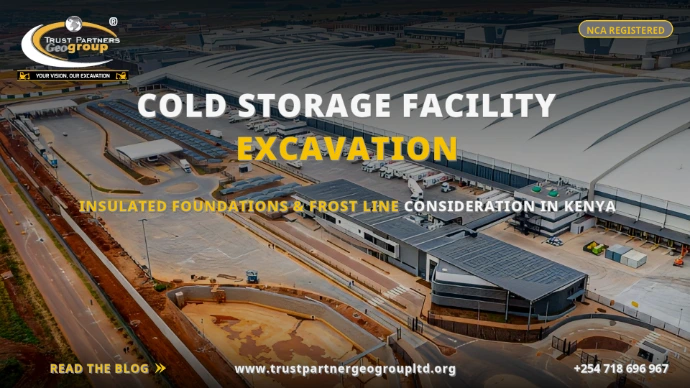 TRUST PARTNERS GEO-GROUP blog poster on cold storage facility excavation in Kenya — aerial view of a large modern distribution center with curved roof and truck loading bays, covering insulated foundations and frost line considerations at trustpartnergeogroupltd.org