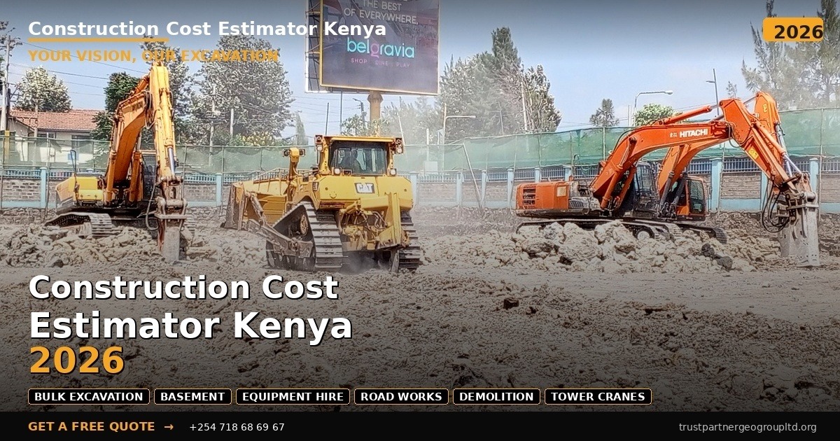 "Trust Partners GeoGroup construction site with heavy machinery including a Hitachi excavator and CAT bulldozer at work. Text overlay reads 'TRUST PARTNERS GEOGROUP — YOUR VISION, OUR EXCAVATION' and 'Construction Cost Estimator Kenya 2026' with service tags: Bulk Excavation, Basement, Equipment Hire, Road Works, Demolition, Tower Cranes. Call to action: 'Get a Free Quote — +254 718 68 69 67 — trustpartnergeogroupltd.org'. Gold and white text on a dark gradient overlay. 2026 badge in the top right corner."
