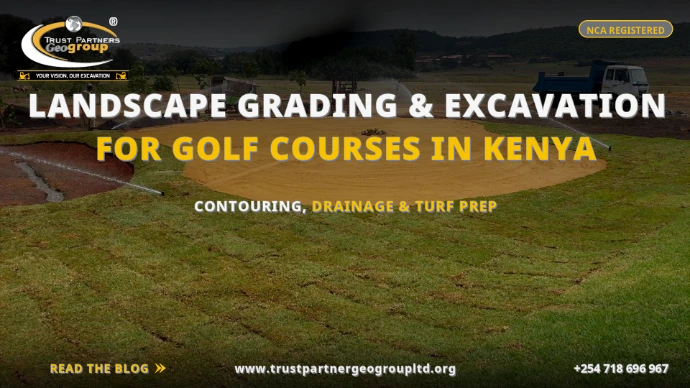 TRUST PARTNERS GEO-GROUP blog poster on landscape grading and excavation for golf courses in Kenya — golf course under construction with graded earth contours, irrigation sprinklers and turf preparation, covering contouring, drainage and turf prep at trustpartnergeogroupltd.org