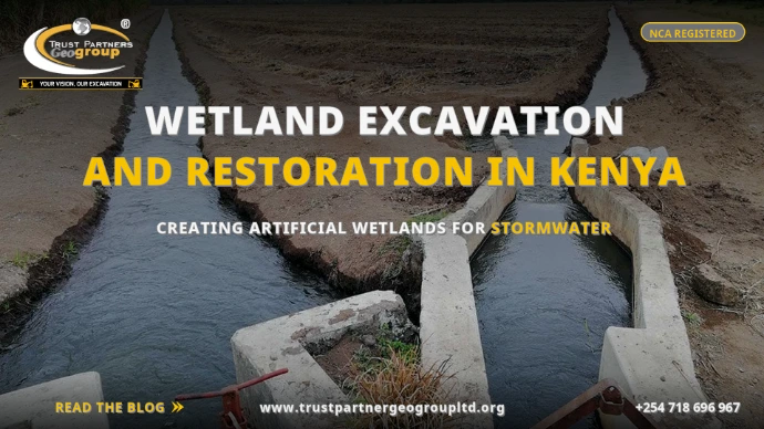 TRUST PARTNERS GEO-GROUP blog poster on wetland excavation and restoration in Kenya — concrete irrigation channel with water flowing through graded agricultural earthworks, covering creating artificial wetlands for stormwater management at trustpartnergeogroupltd.org