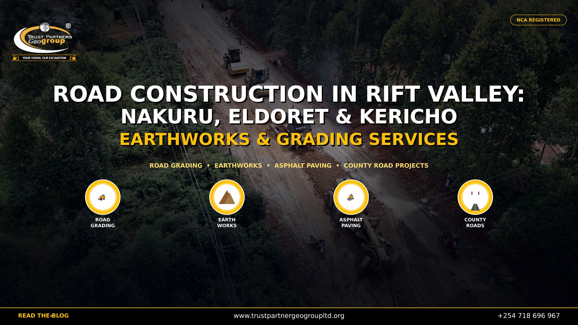 Road construction in Rift Valley by Trust Partners Geo-Group. Earthworks and grading services in Nakuru, Eldoret, and Kericho. Professional road grading, asphalt paving, and county road projects across the Rift Valley region of Kenya. NCA registered contractor.