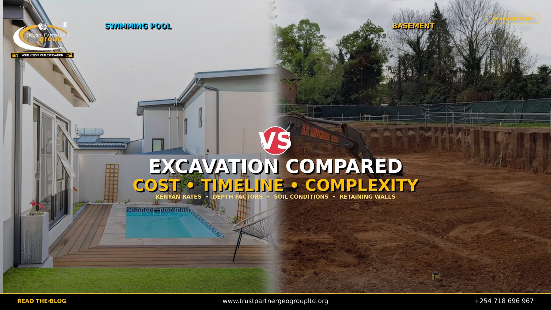 Main poster for Trust Partners Geo-Group comparing swimming pool excavation vs. basement excavation in Kenya. Features a deep basement excavation site with sheet pile retaining walls and a Volvo excavator. Headline reads "Swimming Pool Excavation vs. Basement Excavation: Cost, Timeline & Complexity Compared." Five comparison icons: Pool, Basement, Cost (KSH), Timeline, and Complexity. NCA registered contractor. Website: trustpartnergeogroupltd.org | Contact: +254 718 696 967.
