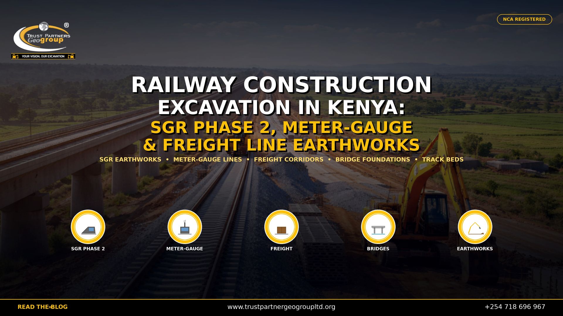 Trust Partners GeoGroup — NCA registered excavation contractors in Kenya — delivers professional railway construction earthworks including SGR Phase 2, meter-gauge line upgrades, and freight corridor foundation excavation. This 4K promotional poster showcases our heavy machinery earthmoving capabilities for rail infrastructure projects across Kenya, featuring track bed preparation, bridge foundation excavation, and large-scale embankment works. Contact Trust Partners GeoGroup at +254 718 696 967 or visit trustpartnergeogroupltd.org for railway construction excavation services, SGR earthworks, and freight line foundation solutions.