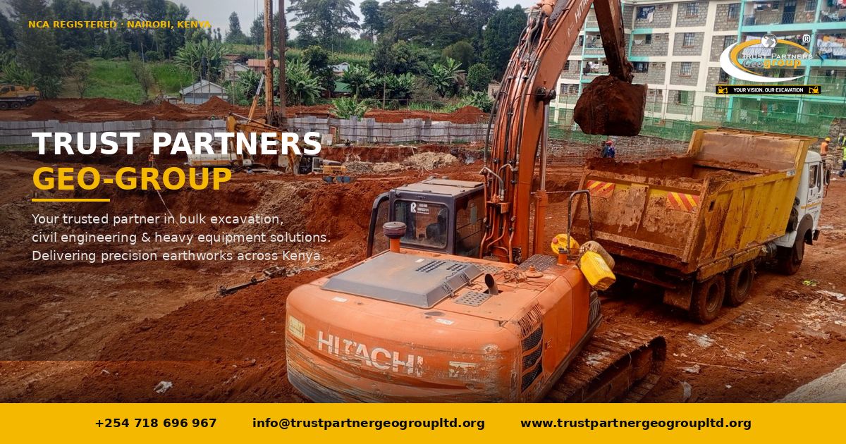 Trust Partners Geo-Group OG image showing a Hitachi excavator loading a yellow dump truck at a bulk basement excavation site in Nairobi, Kenya. Features the company logo, NCA Registered badge, and tagline: 'Your trusted partner in bulk excavation, civil engineering & heavy equipment solutions. Delivering precision earthworks across Kenya.' Contact: +254 718 696 967 | www.trustpartnergeogroupltd.org