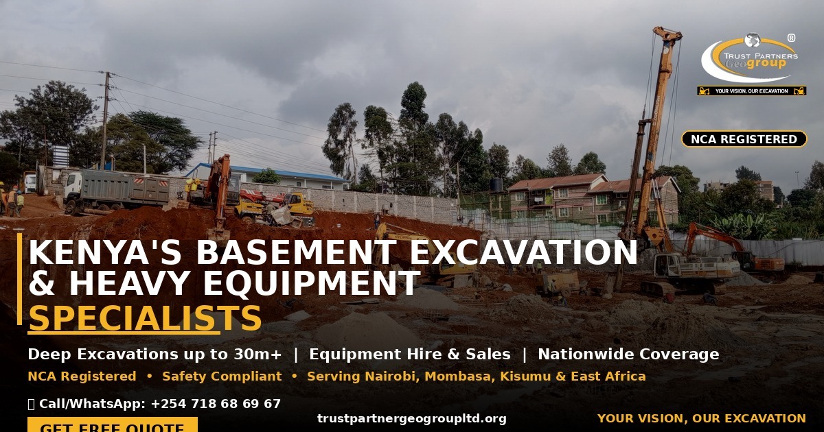 Trust Partners Geo-Group heavy equipment and deep basement excavation site in Nairobi, Kenya