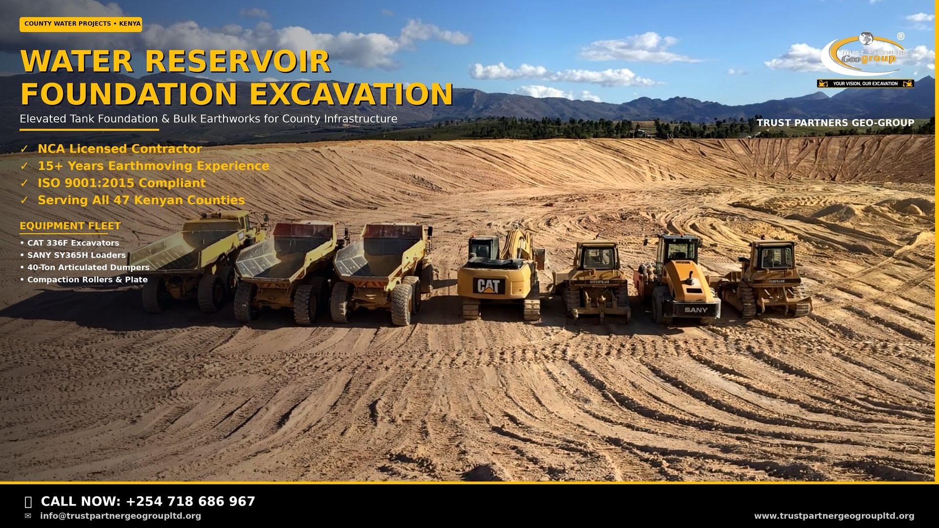 Professional 4K Open Graph poster showing heavy earthmoving equipment at a water reservoir foundation excavation site in Kenya, featuring Trust Partners Geo-Group branding, NCA licensing badges, equipment fleet details, and click-to-call contact information for county water projects