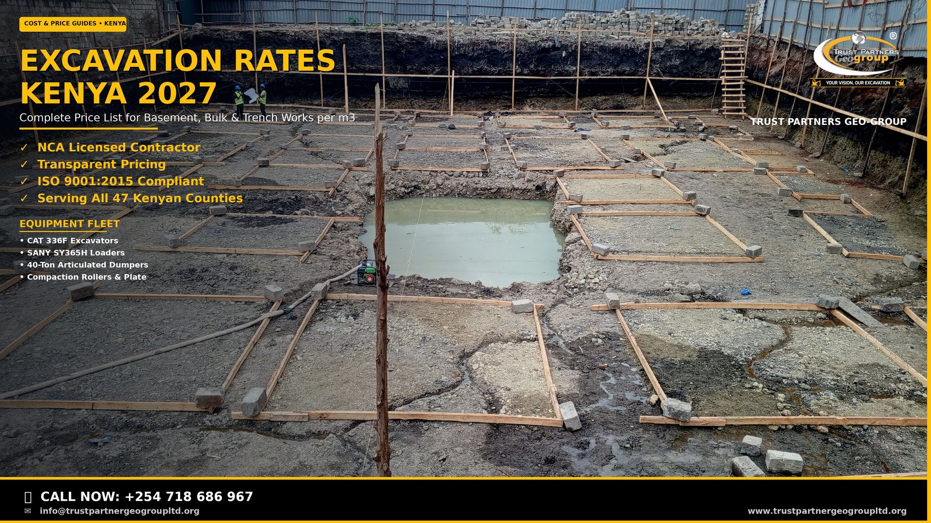 Professional 4K Open Graph poster for Trust Partners Geo-Group showing a deep basement foundation excavation site in Kenya with wooden formwork grids, a small dewatering pool in the center, two workers in high-visibility vests and hard hats reviewing plans in the background, corrugated metal sheet fencing, and residential buildings beyond the site perimeter. Bold yellow title text reads Excavation Rates Kenya 2027 with Complete Price List for Basement, Bulk & Trench Works per m3 subtitle, NCA Licensed and Transparent Pricing trust badges, equipment fleet details including CAT 336F Excavators and SANY SY365H Loaders, company logo top-right, and a solid black CTA bar at the bottom with click-to-call phone number +254 718 686 967 and website www.trustpartnergeogroupltd.org. Yellow accent lines on the right edge and bottom.