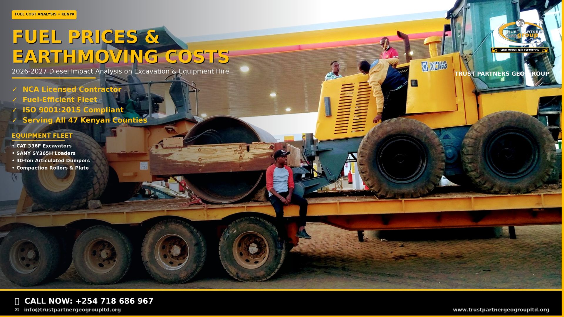 Professional 4K Open Graph poster for Trust Partners Geo-Group showing a CASE compaction roller and yellow XCMG wheel loader being transported on a flatbed trailer at a Shell fuel station in Kenya, with workers in high-visibility clothing and a man seated on the trailer edge. Bold yellow title text reads Fuel Prices & Earthmoving Costs with 2026-2027 Diesel Impact Analysis on Excavation & Equipment Hire subtitle, NCA Licensed and Fuel-Efficient Fleet trust badges, equipment fleet details including CAT 336F Excavators and SANY SY365H Loaders, company logo top-right, and a solid black CTA bar at the bottom with click-to-call phone number +254 718 686 967 and website www.trustpartnergeogroupltd.org. Yellow accent lines on the right edge and bottom.