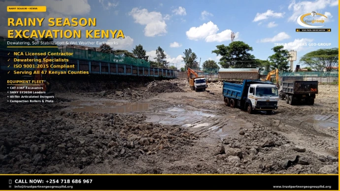 Professional 4K Open Graph poster for Trust Partners Geo-Group showing a muddy, waterlogged excavation site in Kenya during the rainy season with large puddles, orange Hitachi excavators, blue and white Tata dump trucks, green safety fencing, and a partly cloudy sky. Bold yellow title text reads Rainy Season Excavation Kenya with Dewatering, Soil Stabilization & Wet Weather Earthworks subtitle, NCA Licensed and Dewatering Specialists trust badges, equipment fleet details including CAT 336F Excavators and SANY SY365H Loaders, company logo top-right, and a solid black CTA bar at the bottom with click-to-call phone number +254 718 686 967 and website www.trustpartnergeogroupltd.org. Yellow accent lines on the right edge and bottom.