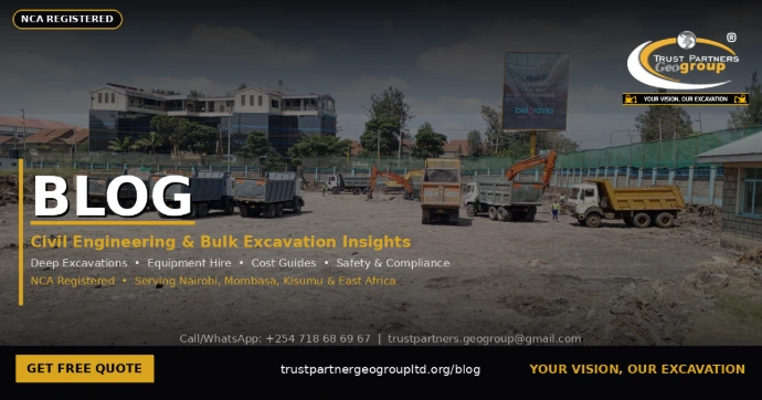 Open Graph poster for Trust Partners GeoGroup Ltd blog, showing a darkened construction site photograph with dump trucks and excavators in the background, an "NCA REGISTERED" badge in the top left, the Trust Partners GeoGroup logo in the top right, large white "BLOG" text with a gold underline and vertical gold accent bar on the left, the tagline "Civil Engineering & Bulk Excavation Insights" in gold, white bullet points listing services, a gold "GET FREE QUOTE" button, the blog URL, and the slogan "YOUR VISION, OUR EXCAVATION" in a dark bottom bar.