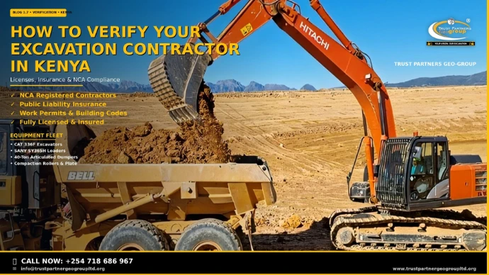 How to Verify Your Excavation Contractor in Kenya — Licenses, Insurance & NCA Compliance. Trust Partners Geo-Group: NCA Registered Contractors, Public Liability Insurance, Work Permits & Building Codes, Fully Licensed & Insured. Heavy equipment fleet including CAT 336F Excavators and SANY SY365H Loaders. Call +254 718 686 967