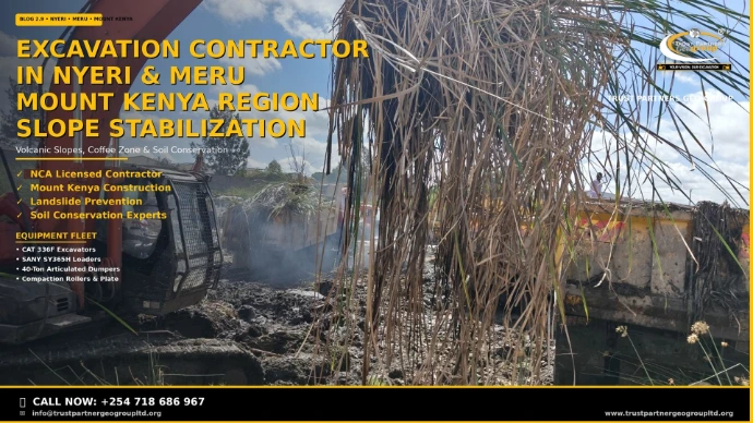 Excavation Contractor in Nyeri & Meru — Mount Kenya Region Slope Stabilization. Trust Partners Geo-Group: NCA Licensed, Mount Kenya Construction, Landslide Prevention, Soil Conservation Experts. Heavy equipment fleet including CAT 336F Excavators and SANY SY365H Loaders. Call +254 718 686 967.