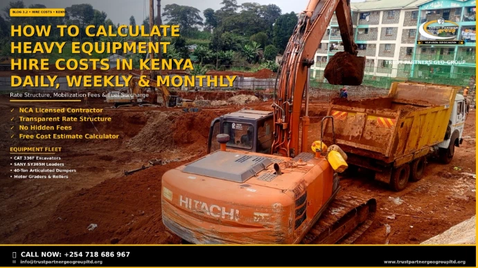 How to Calculate Heavy Equipment Hire Costs in Kenya — Daily, Weekly & Monthly Rates Guide. Trust Partners Geo-Group: NCA Licensed, Transparent Rate Structure, No Hidden Fees, Free Cost Estimate Calculator. Heavy equipment fleet including CAT 336F Excavators, SANY SY365H Loaders, and Motor Graders. Call +254 718 686 967.