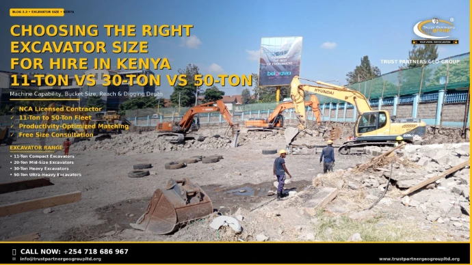 Choosing the Right Excavator Size For Hire in Kenya — 11-Ton vs 30-Ton vs 50-Ton Guide. Trust Partners Geo-Group: NCA Licensed, 11-Ton to 50-Ton Fleet, Productivity-Optimized Matching, Free Size Consultation. Excavator range includes 11-Ton Compact, 20-Ton Mid-Size, 30-Ton Heavy, and 50-Ton Ultra-Heavy models. Call +254 718 686 967