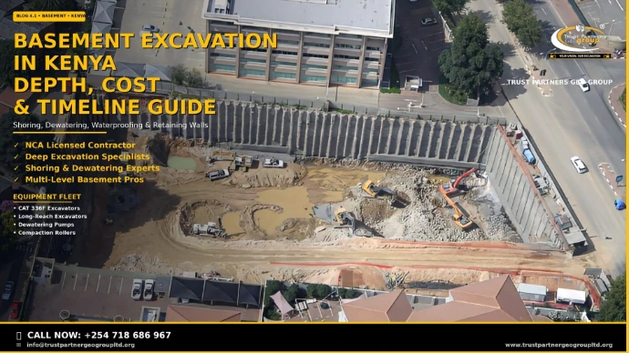 Basement Excavation in Kenya — Depth, Cost & Timeline Guide for Developers. Trust Partners Geo-Group: NCA Licensed, Deep Excavation Specialists, Shoring & Dewatering Experts, Multi-Level Basement Pros. Equipment fleet includes CAT 336F Excavators, Long-Reach Excavators, Dewatering Pumps, and Compaction Rollers. Call +254 718 686 967.