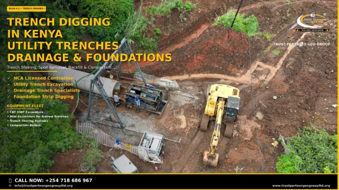 Trench Digging in Kenya — Utility Trenches, Drainage & Foundation Strip Excavation. Trust Partners Geo-Group: NCA Licensed, Utility Trench Excavation, Drainage Trench Specialists, Foundation Strip Digging. Equipment fleet includes CAT 336F Excavators, Mini Excavators for Narrow Trenches, Trench Shoring Systems, and Compaction Rollers. Call +254 718 686 967.