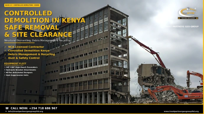 Controlled demolition in Kenya — Trust Partners Geo Group high-reach excavators dismantling a multi-storey building with rubble piles and safety perimeter on site. NCA licensed contractor for safe structure removal, debris management, recycling, and dust control. Call +254 718 686 967.