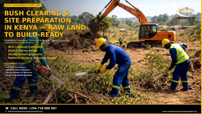 Bush clearing and site preparation in Kenya — Trust Partners Geo Group workers in yellow hard hats and hi-vis vests cutting vegetation and clearing brush, with an orange excavator stripping the site in the background. NCA licensed contractor for vegetation removal, stump grinding, topsoil stripping, and platform grading. Call +254 718 686 967