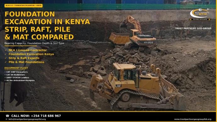 Foundation excavation in Kenya — Trust Partners Geo Group Hyundai excavator loading a dump truck and CAT bulldozer working a deep foundation pit on an urban construction site with blue site fencing. NCA licensed contractor for strip, raft, pile and mat foundation excavation, bearing capacity assessment, and foundation depth control. Call +254 718 686 967