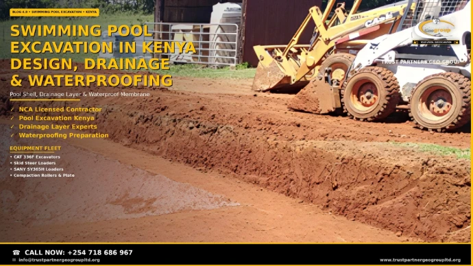Swimming pool excavation in Kenya — Trust Partners Geo Group skid steer and wheel loader digging a deep pool-shaped hole in red soil on a rural property with green pasture and outbuildings behind. NCA licensed contractor for pool shell excavation, drainage layer installation, and waterproofing preparation. Call +254 718 686 967