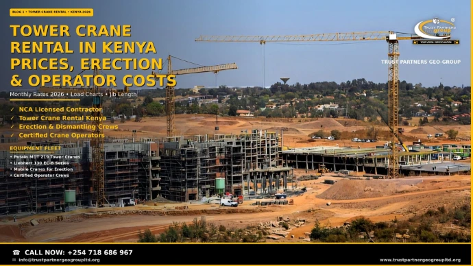 Tower crane rental in Kenya 2026 — Trust Partners Geo Group yellow tower cranes with extended jibs working over a multi-storey concrete high-rise under construction, with a water reservoir and earthworks below. NCA licensed contractor for tower crane hire, erection and dismantling, and certified operators. Monthly rates, load charts and jib length guide. Call +254 718 686 967.